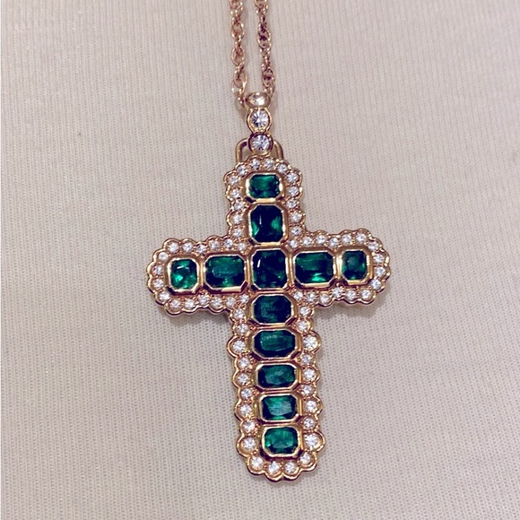 2 Camrose Kross Jackie Kennedy Faux Emerald & Ruby Gold-Tone Cross.12K GF Chains - Picture 3 of 8